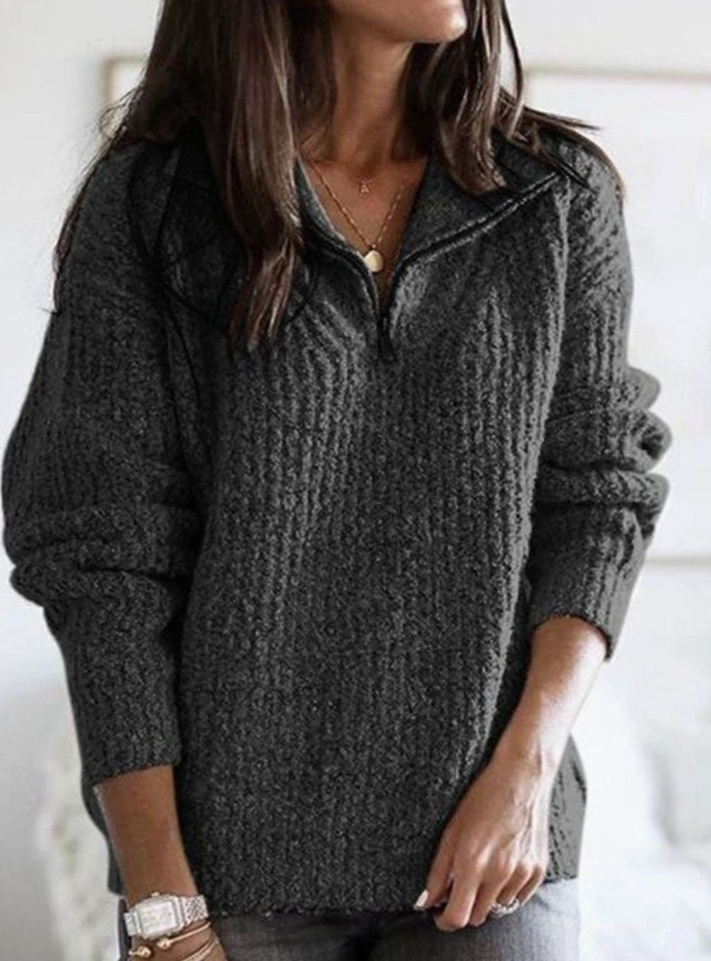 Women's Cable-Knit Quarter-Zip Ribbed Sweater Relaxed Fit - Dark Grey