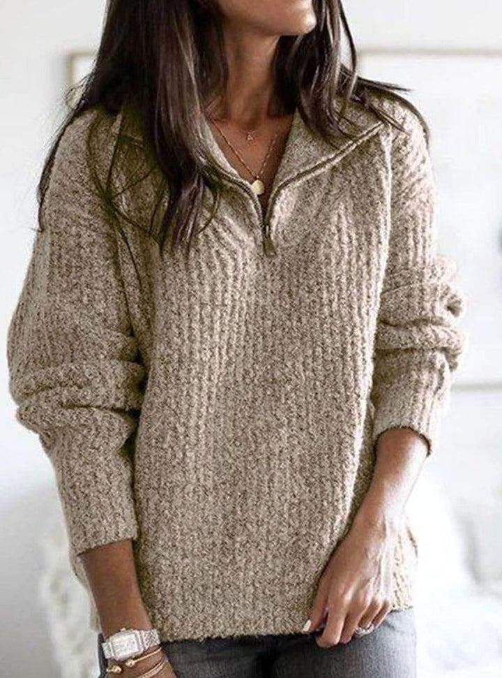 Women's Cable-Knit Quarter-Zip Ribbed Sweater Relaxed Fit - Khaki