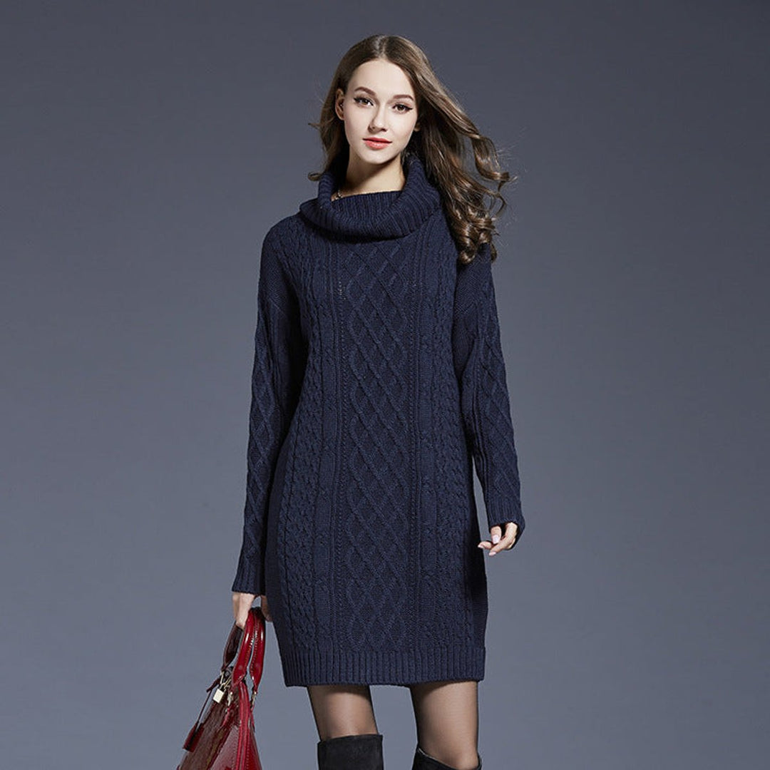 Women's Cable Knitted Dress Chunky Turtleneck Long Jumper Dress