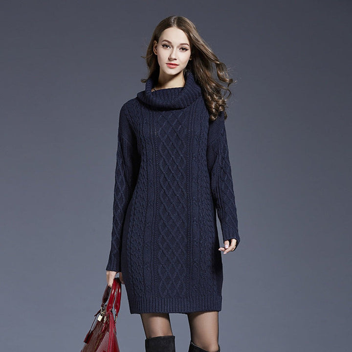 Women's Cable Knitted Dress Chunky Turtleneck Long Jumper Dress