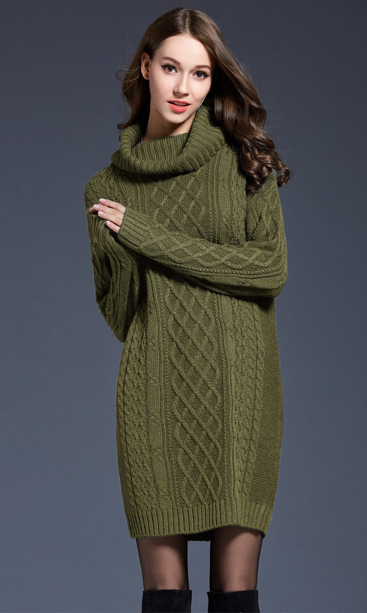Women's Cable Knitted Dress Chunky Turtleneck Long Jumper Dress