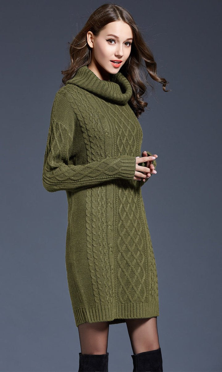Women's Cable Knitted Dress Chunky Turtleneck Long Jumper Dress