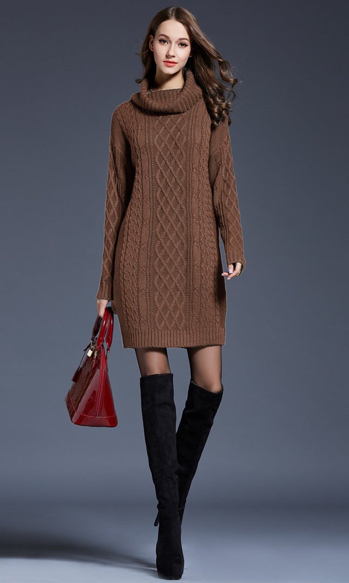 Women's Cable Knitted Dress Chunky Turtleneck Long Jumper Dress