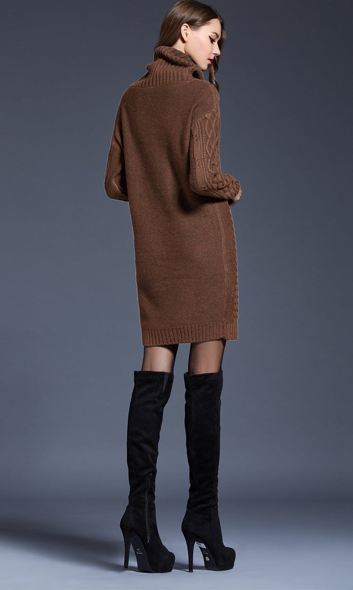 Women's Cable Knitted Dress Chunky Turtleneck Long Jumper Dress