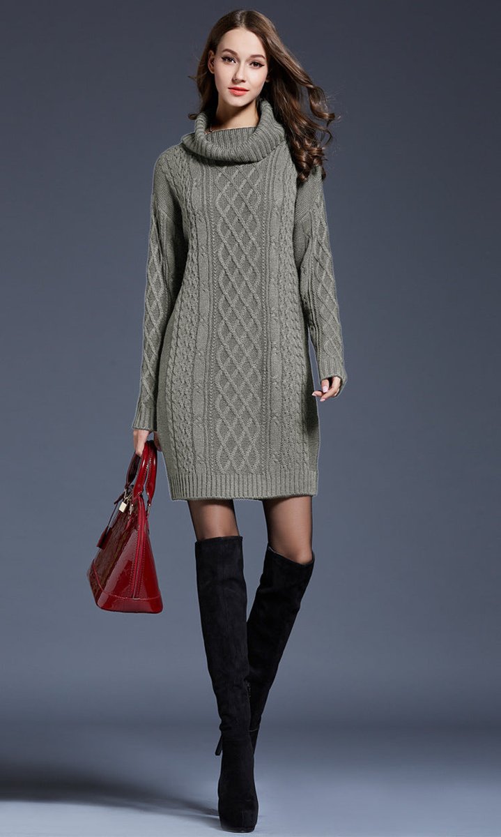 Women's Cable Knitted Dress Chunky Turtleneck Long Jumper Dress