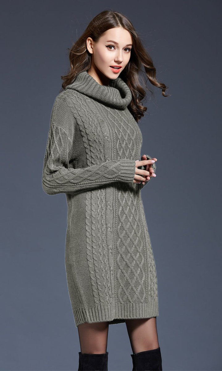 Women's Cable Knitted Dress Chunky Turtleneck Long Jumper Dress
