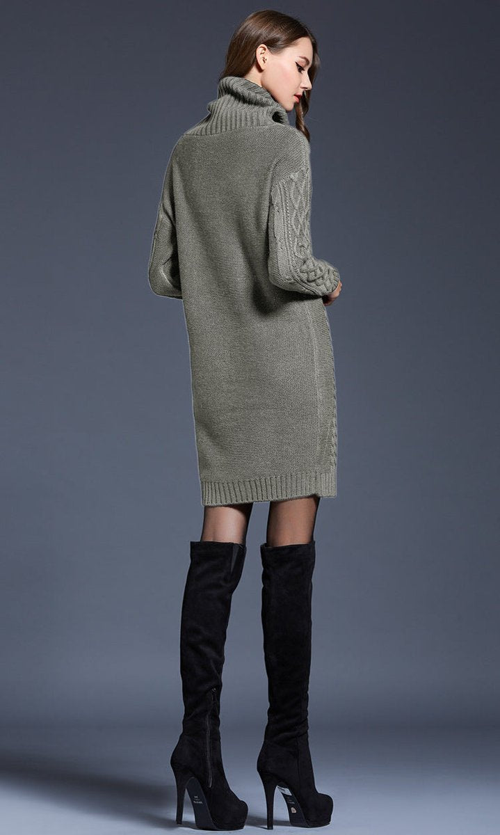 Women's Cable Knitted Dress Chunky Turtleneck Long Jumper Dress