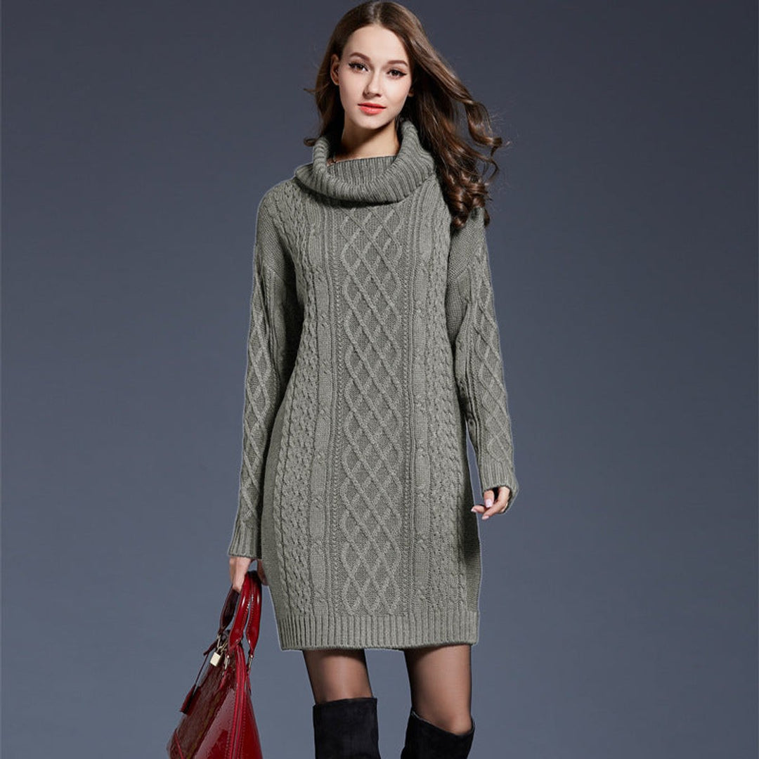 Women's Cable Knitted Dress Chunky Turtleneck Long Jumper Dress