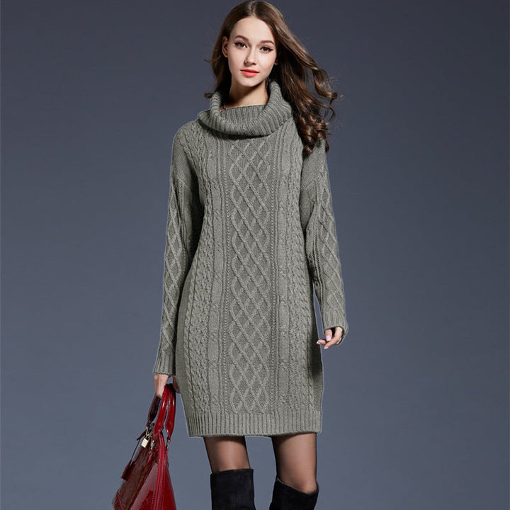 Women's Cable Knitted Dress Chunky Turtleneck Long Jumper Dress