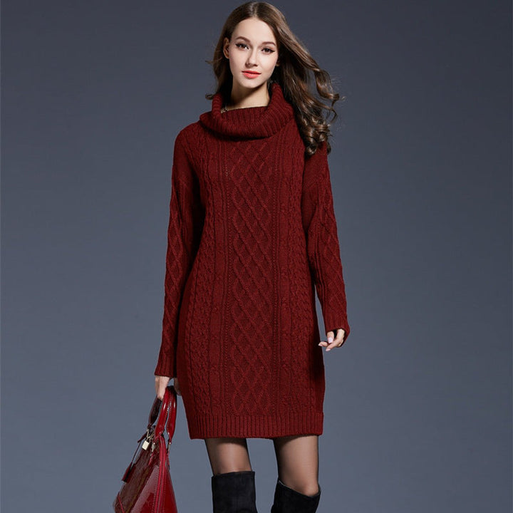 Women's Cable Knitted Dress Chunky Turtleneck Long Jumper Dress