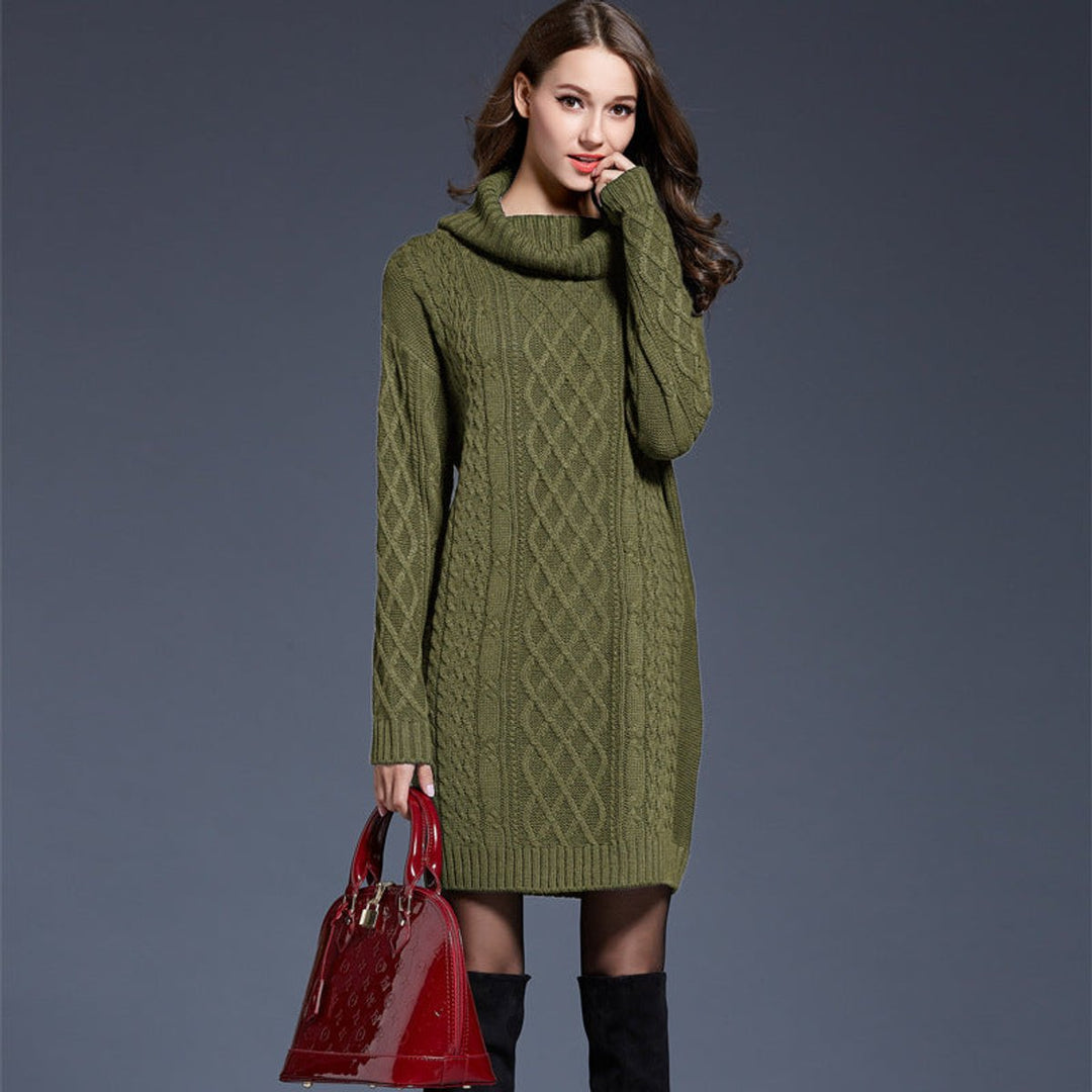 Women's Cable Knitted Dress Chunky Turtleneck Long Jumper Dress