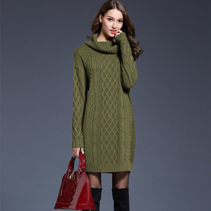 Women's Cable Knitted Dress Chunky Turtleneck Long Jumper Dress