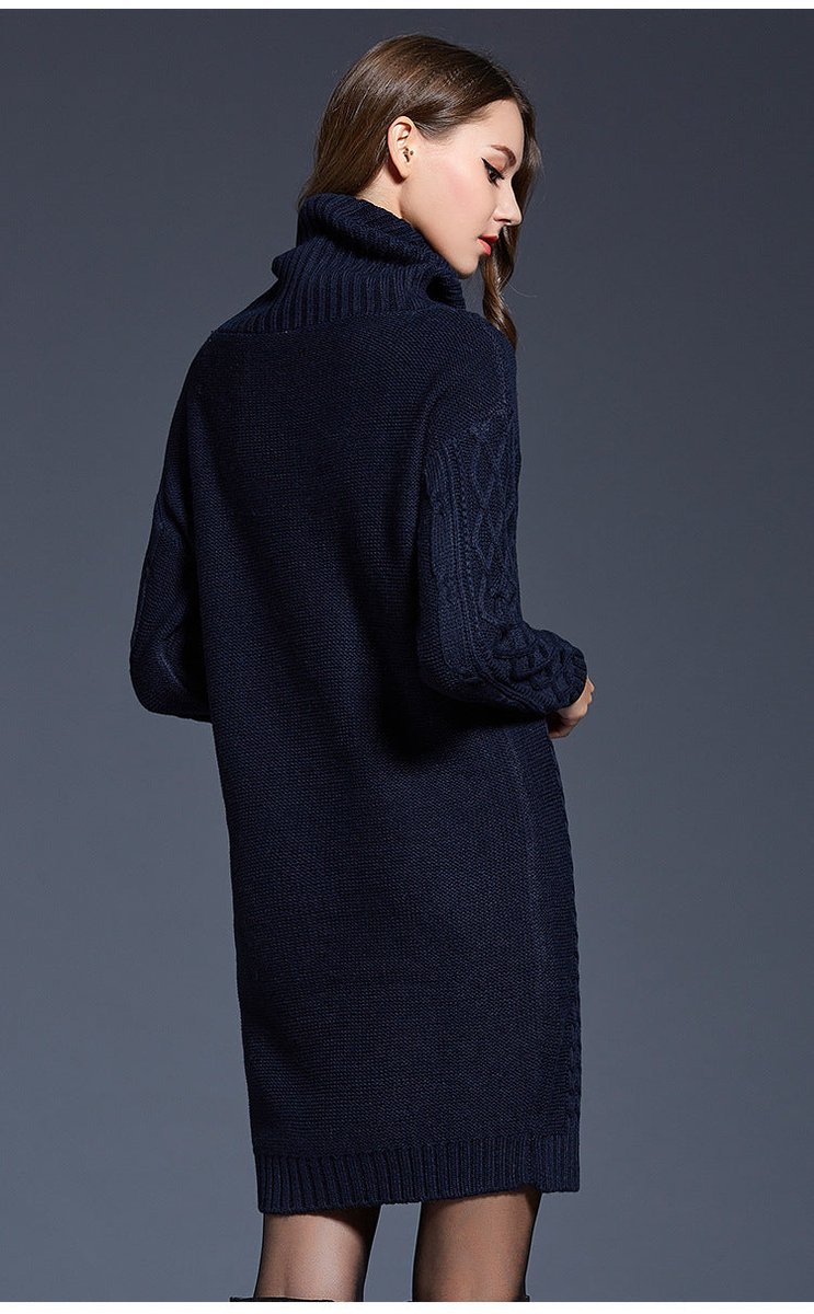 Women's Cable Knitted Dress Chunky Turtleneck Long Jumper Dress