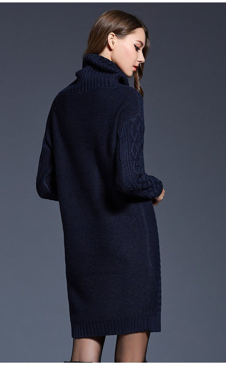 Women's Cable Knitted Dress Chunky Turtleneck Long Jumper Dress