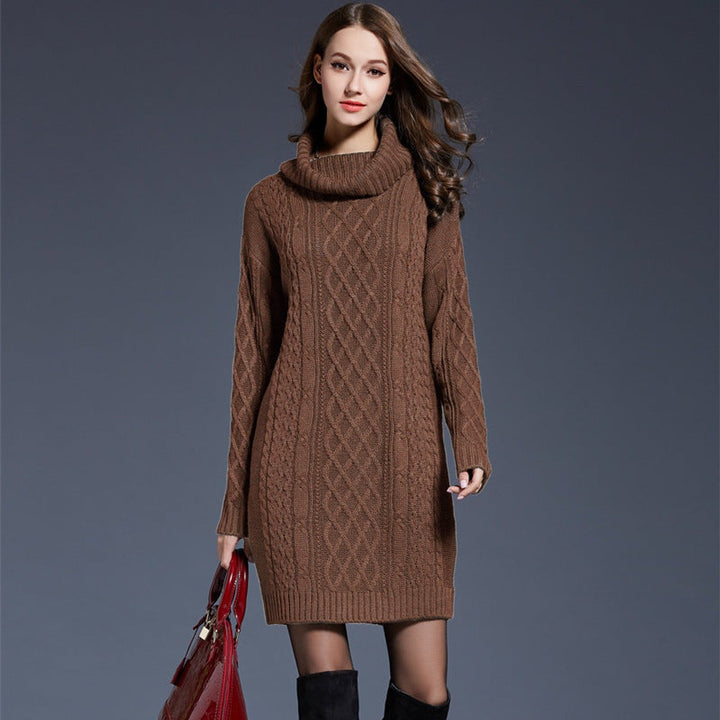 Women's Cable Knitted Dress Chunky Turtleneck Long Jumper Dress