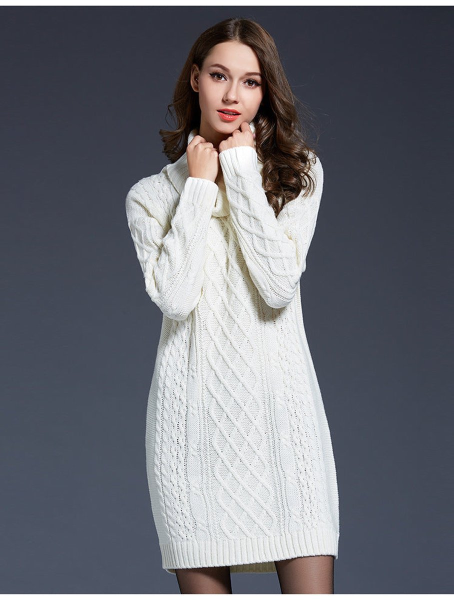 Women's Cable Knitted Dress Chunky Turtleneck Long Jumper Dress