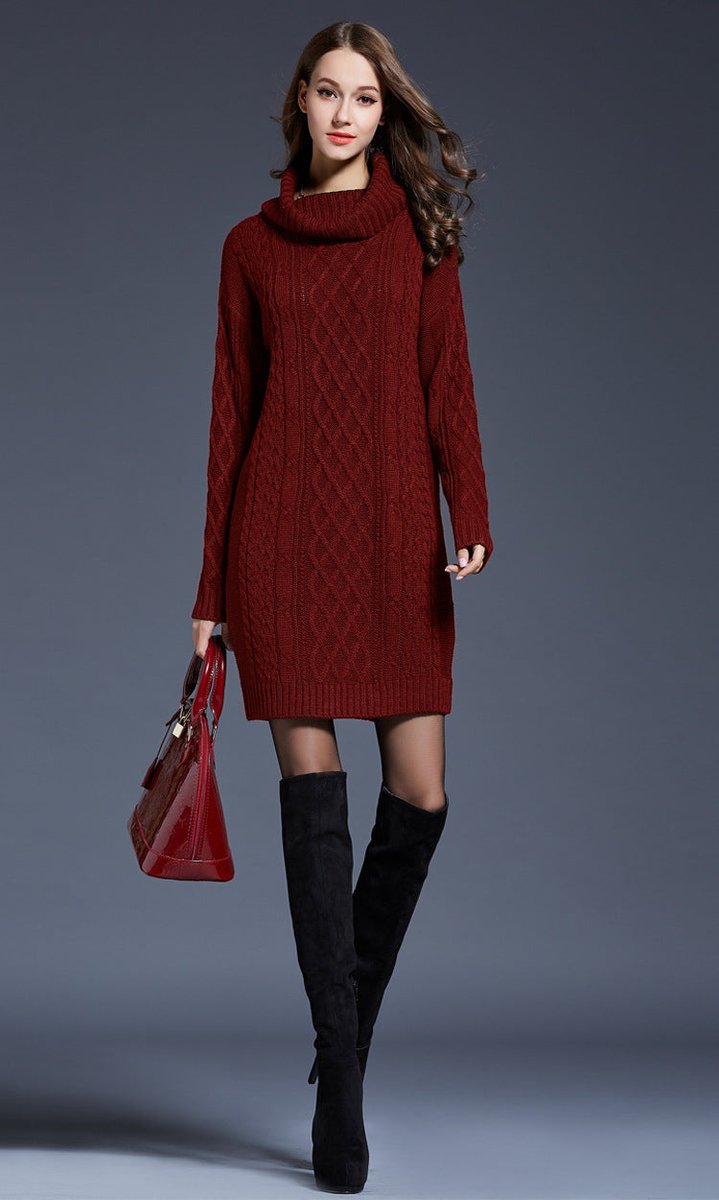 Women's Cable Knitted Dress Chunky Turtleneck Long Jumper Dress