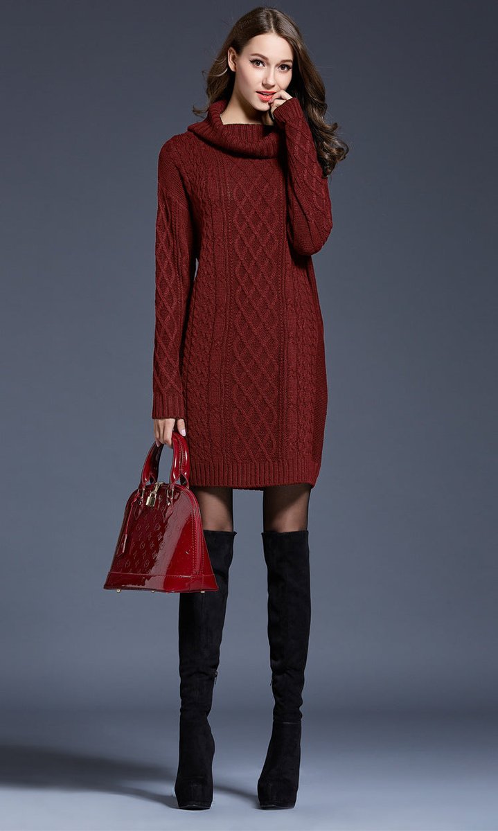 Women's Cable Knitted Dress Chunky Turtleneck Long Jumper Dress