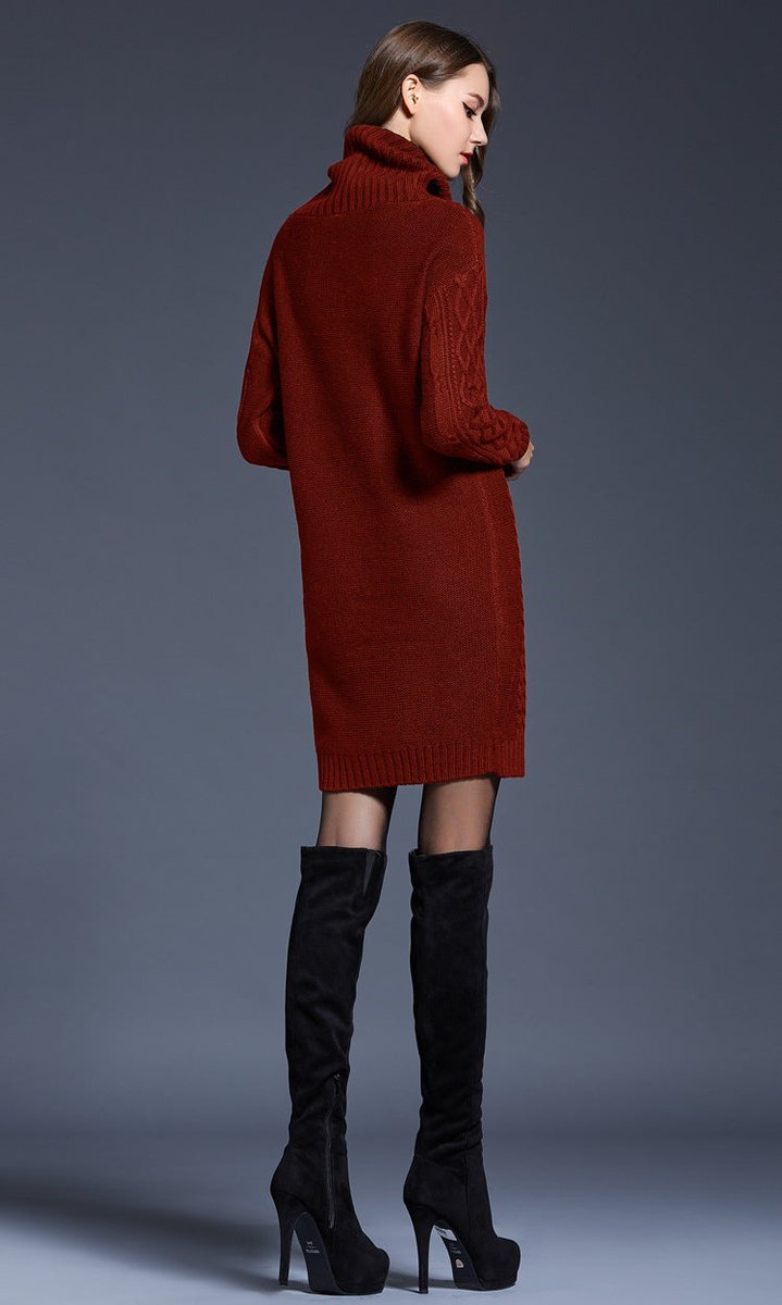 Women's Cable Knitted Dress Chunky Turtleneck Long Jumper Dress