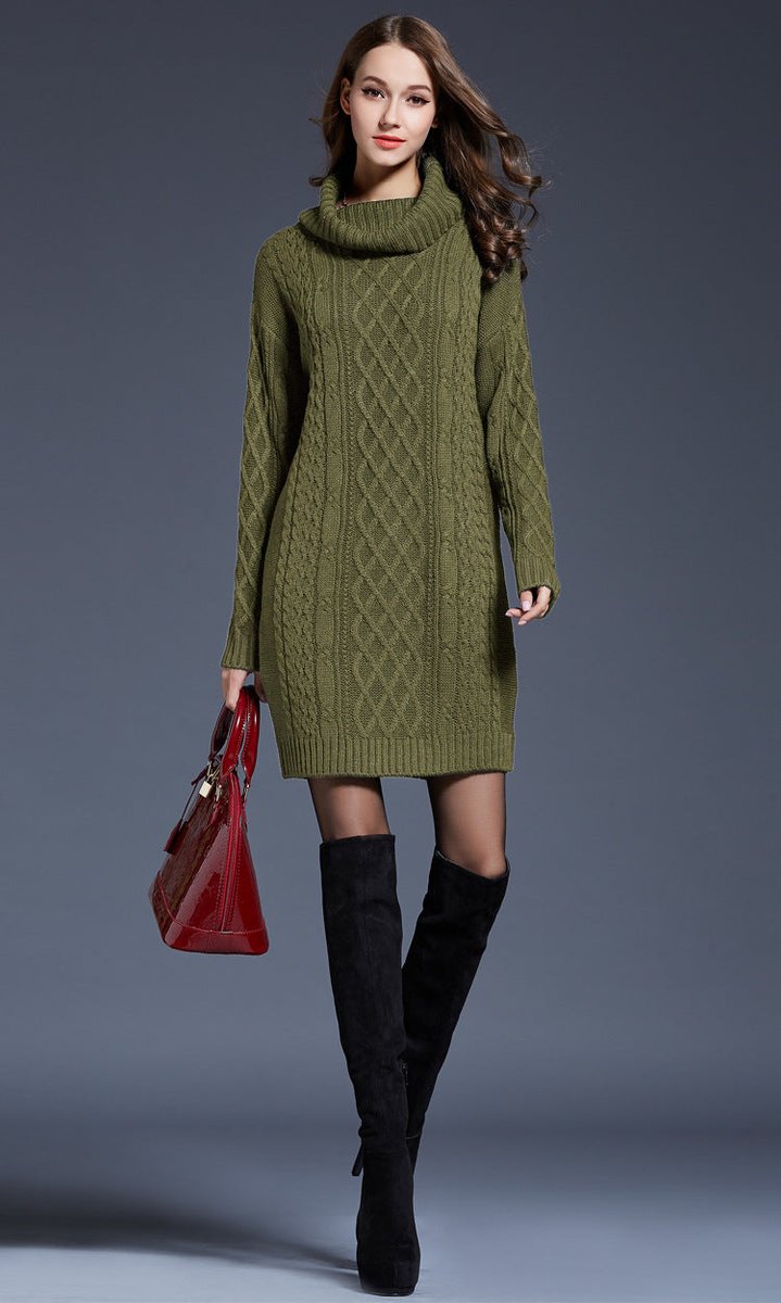 Women's Cable Knitted Dress Chunky Turtleneck Long Jumper Dress