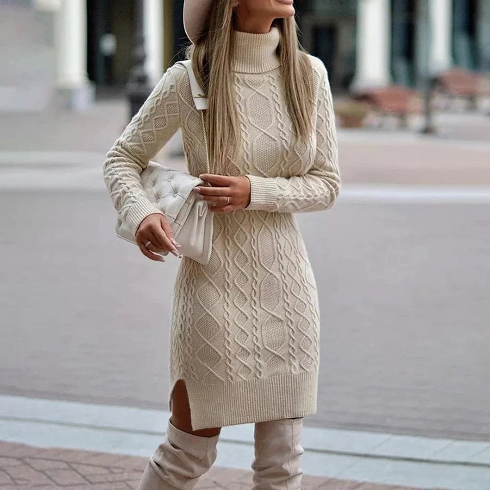Women's Cable Knitted Dress Turtleneck Long Sleeve Jumper Dress