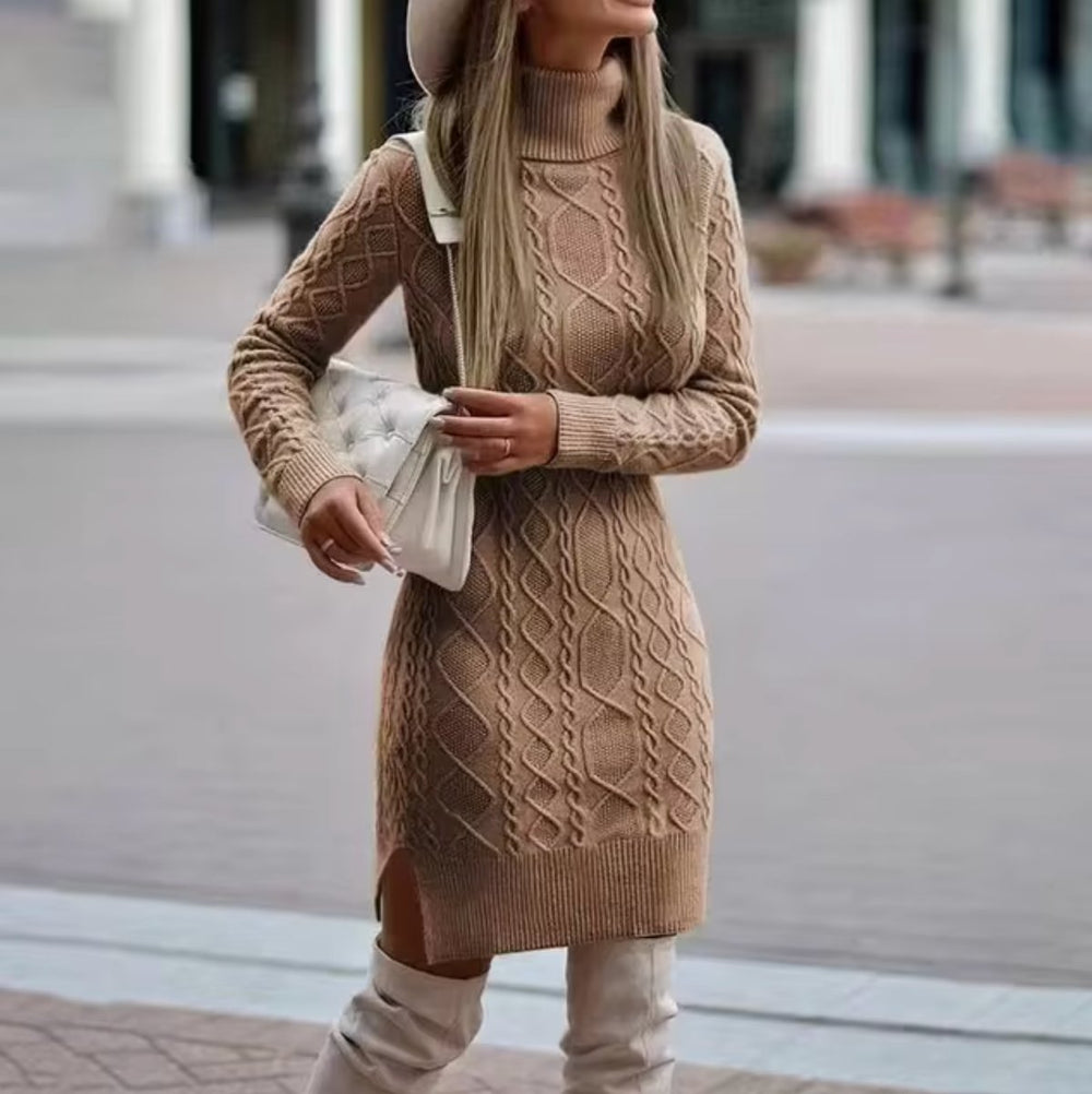 Women's Cable Knitted Dress Turtleneck Long Sleeve Jumper Dress