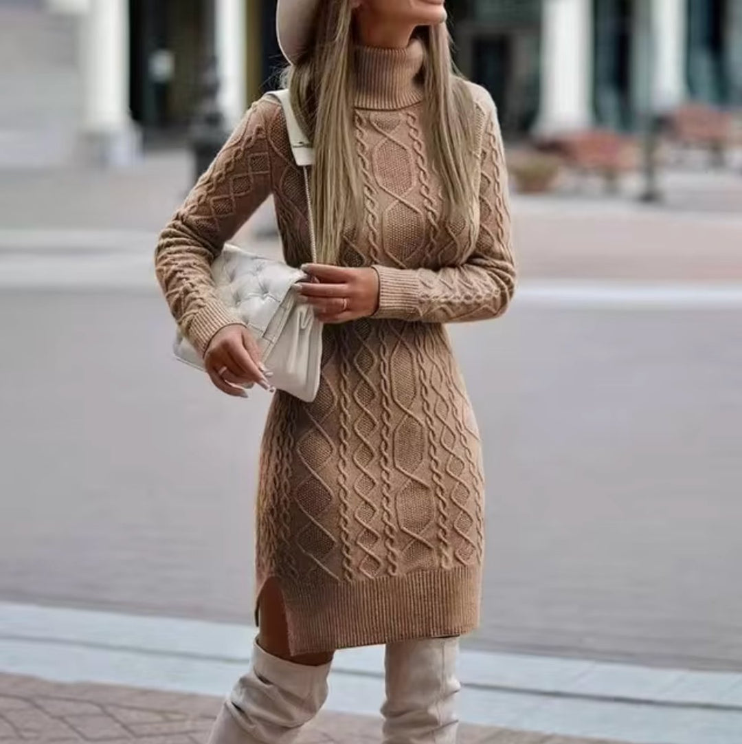 Women's Cable Knitted Dress Turtleneck Long Sleeve Jumper Dress
