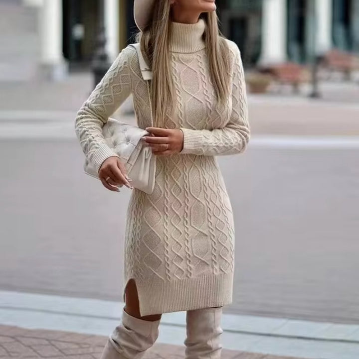 Women's Cable Knitted Dress Turtleneck Long Sleeve Jumper Dress