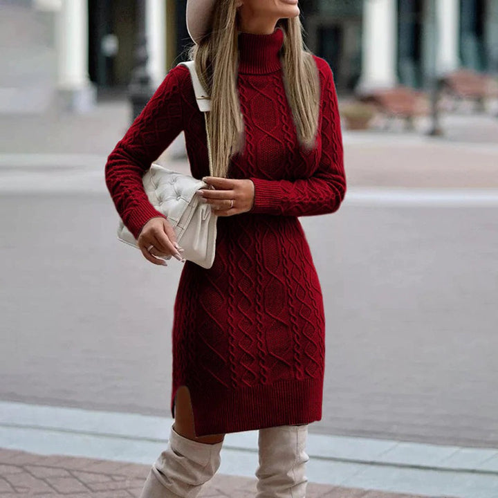 Women's Cable Knitted Dress Turtleneck Long Sleeve Jumper Dress