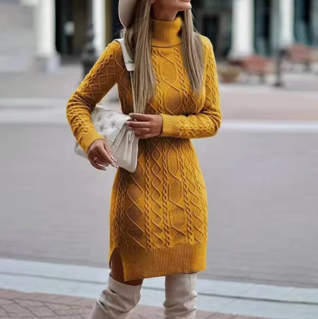 Women's Cable Knitted Dress Turtleneck Long Sleeve Jumper Dress
