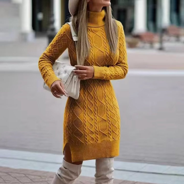 Women's Cable Knitted Dress Turtleneck Long Sleeve Jumper Dress