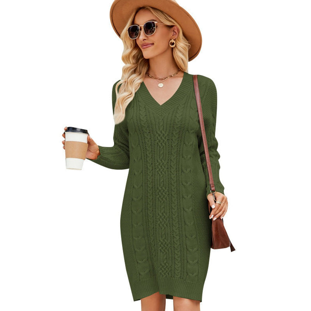 Women's Cable Knitted Dress V-Neck Long Sleeve Jumper Dress