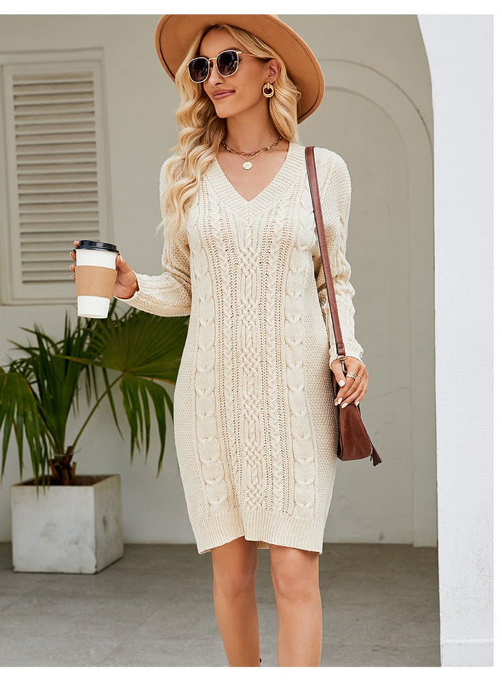 Women's Cable Knitted Dress V-Neck Long Sleeve Jumper Dress
