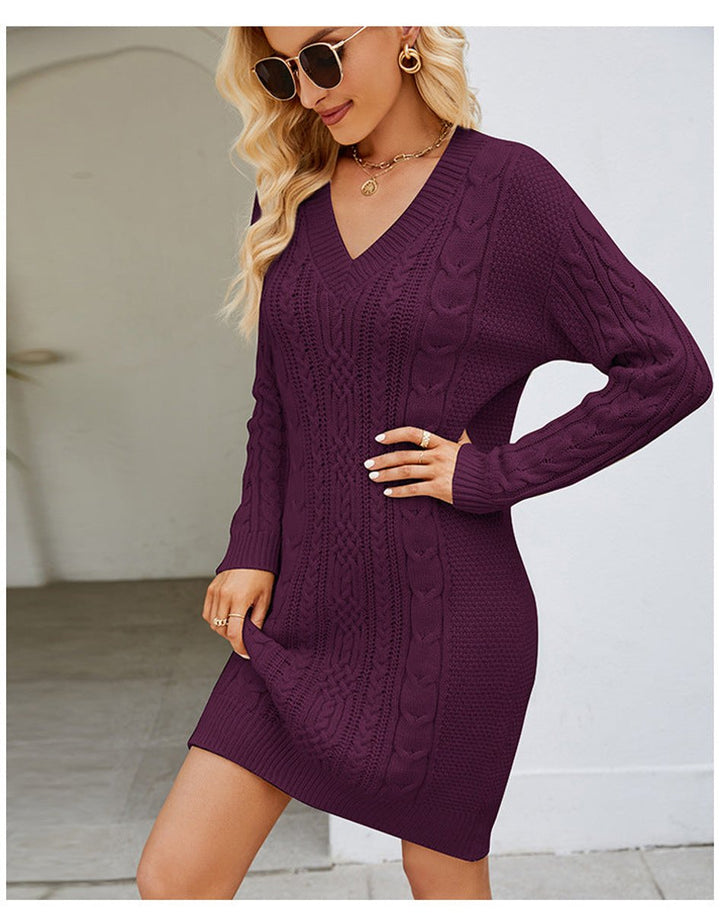 Women's Cable Knitted Dress V-Neck Long Sleeve Jumper Dress