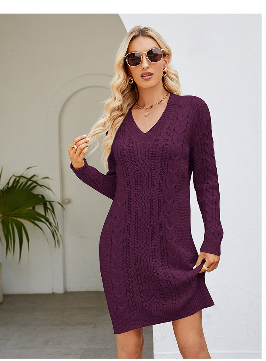 Women's Cable Knitted Dress V-Neck Long Sleeve Jumper Dress