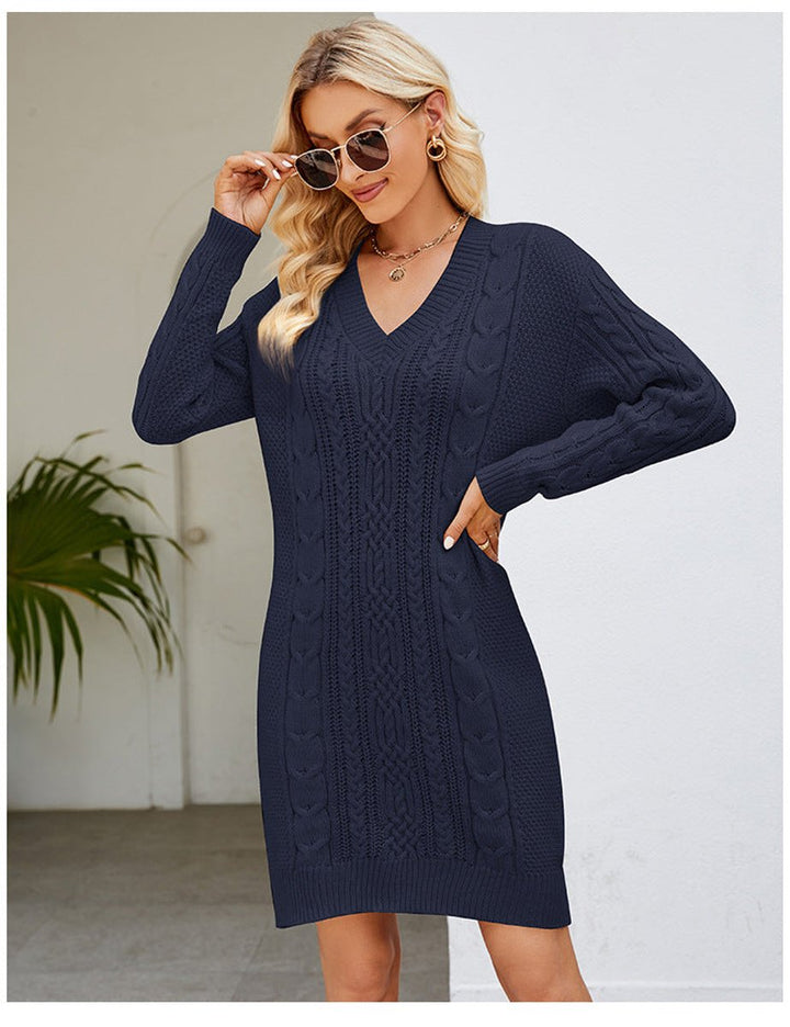 Women's Cable Knitted Dress V-Neck Long Sleeve Jumper Dress