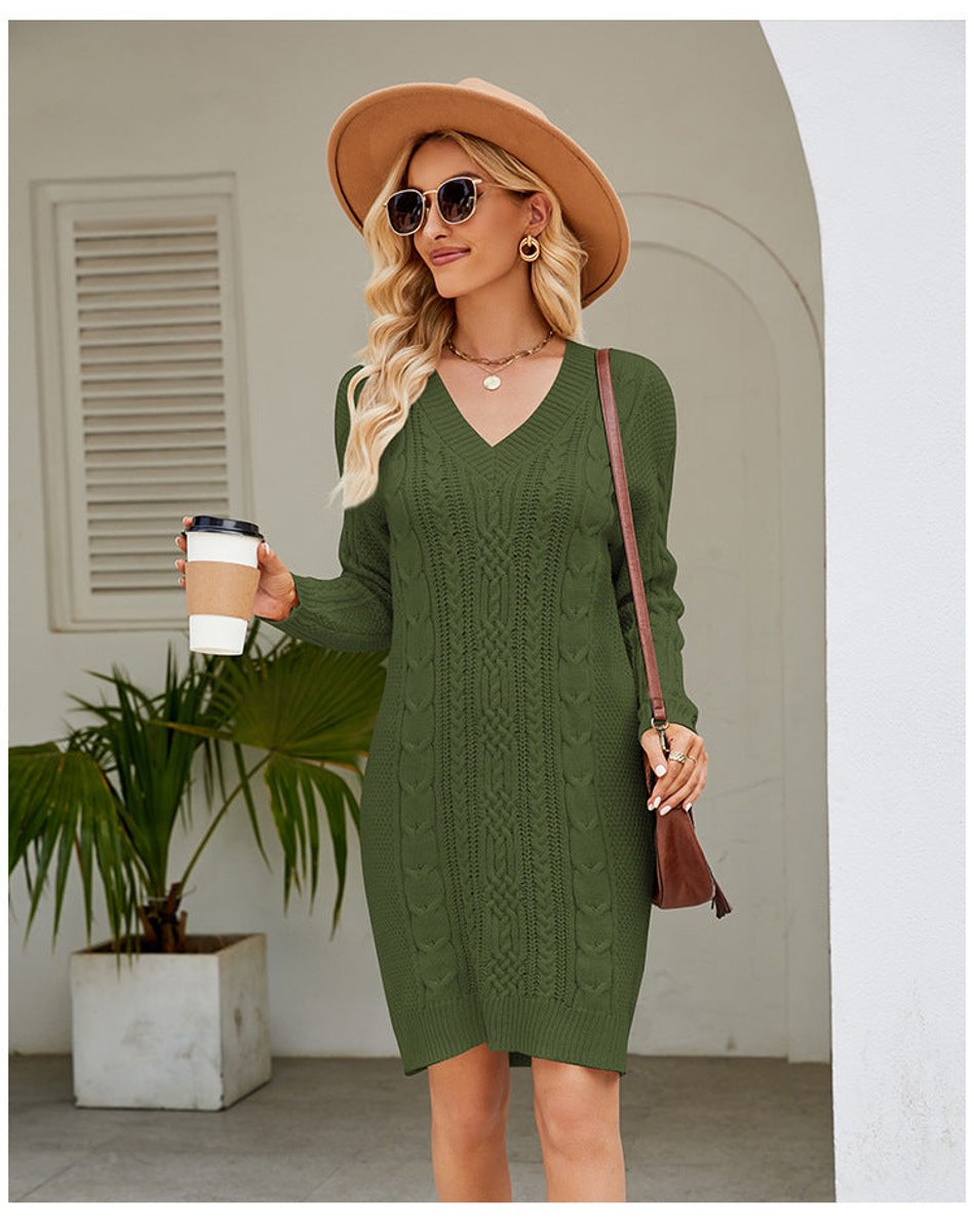 Women's Cable Knitted Dress V-Neck Long Sleeve Jumper Dress