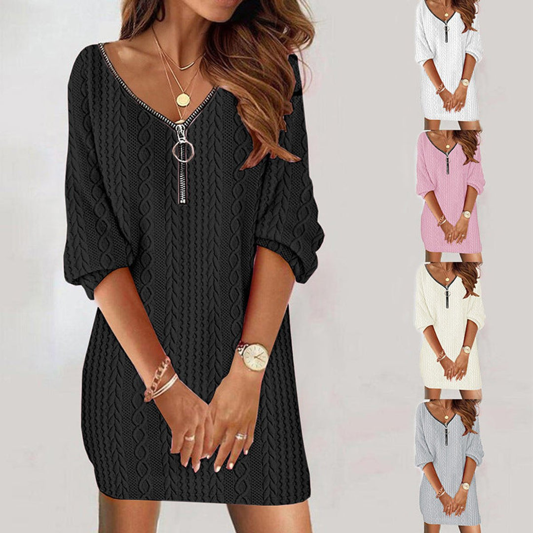 Women's Cable Knitted Dress V-Neck Zip-Front Jumper Mini