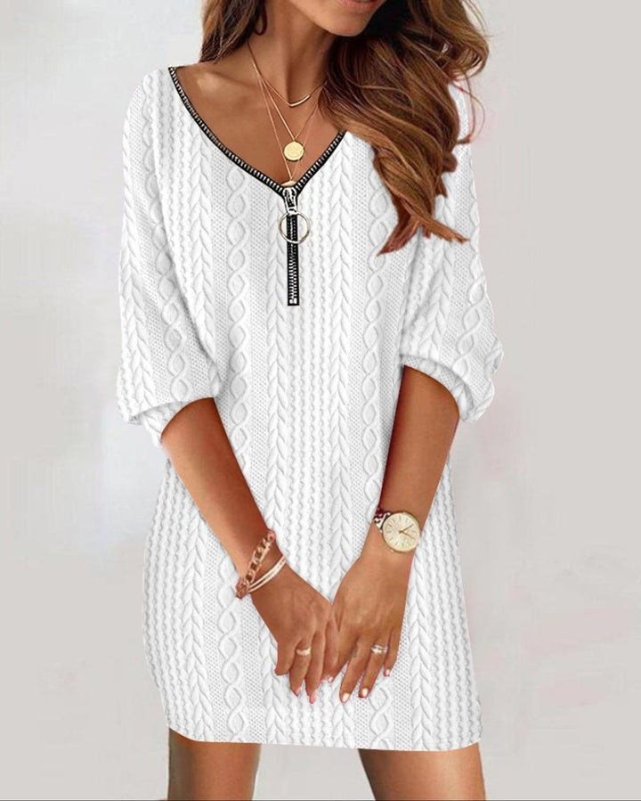 Women's Cable Knitted Dress V-Neck Zip-Front Jumper Mini