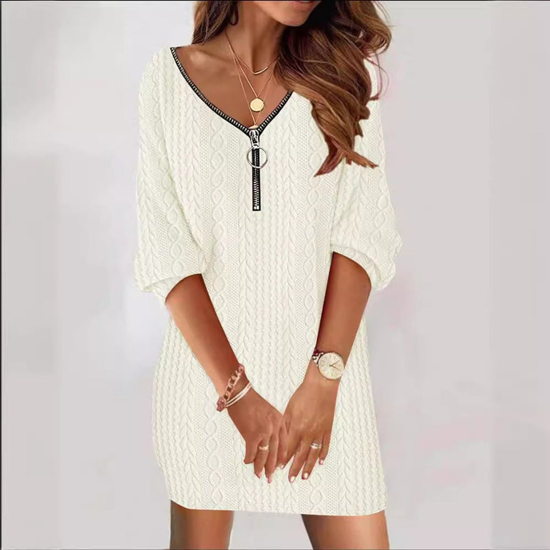 Women's Cable Knitted Dress V-Neck Zip-Front Jumper Mini