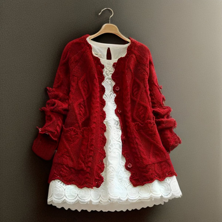 Women's Cable Knitted Sweater Cardigan Ruffle Lace-Trim Open-Front