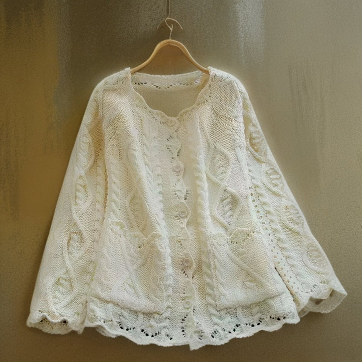Women's Cable Knitted Sweater Cardigan Ruffle Lace-Trim Open-Front