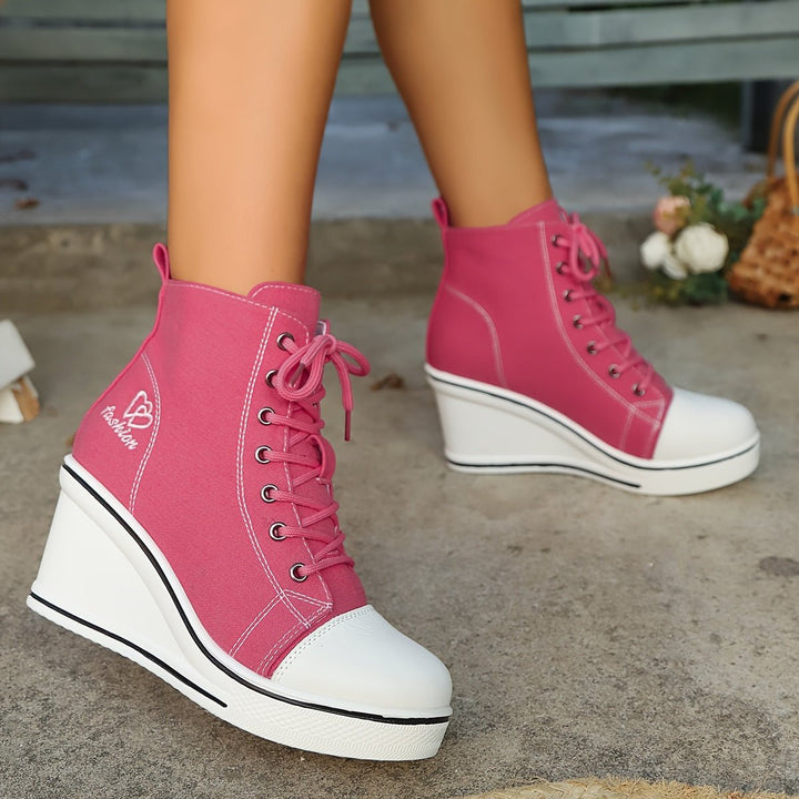 Women's Canvas Lace-Up Wedge Ankle Heeled Boots High-Top Trainers