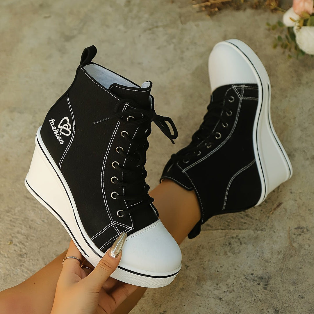 Women's Canvas Lace-Up Wedge Ankle Heeled Boots High-Top Trainers