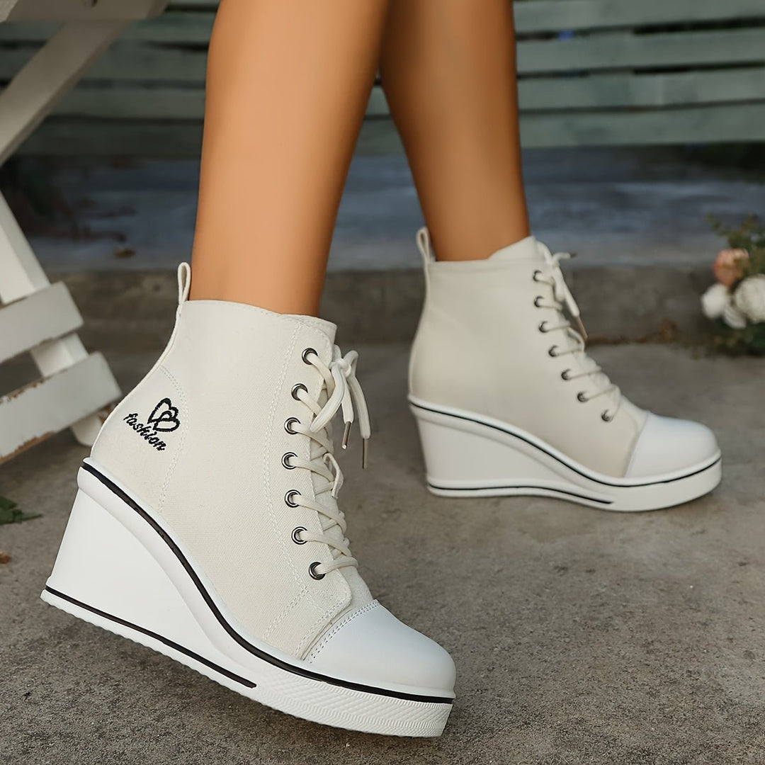 Women's Canvas Lace-Up Wedge Ankle Heeled Boots High-Top Trainers