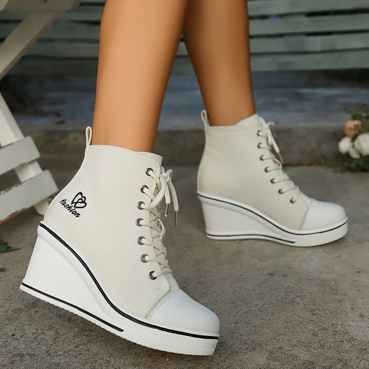 Women's Canvas Lace-Up Wedge Ankle Heeled Boots High-Top Trainers
