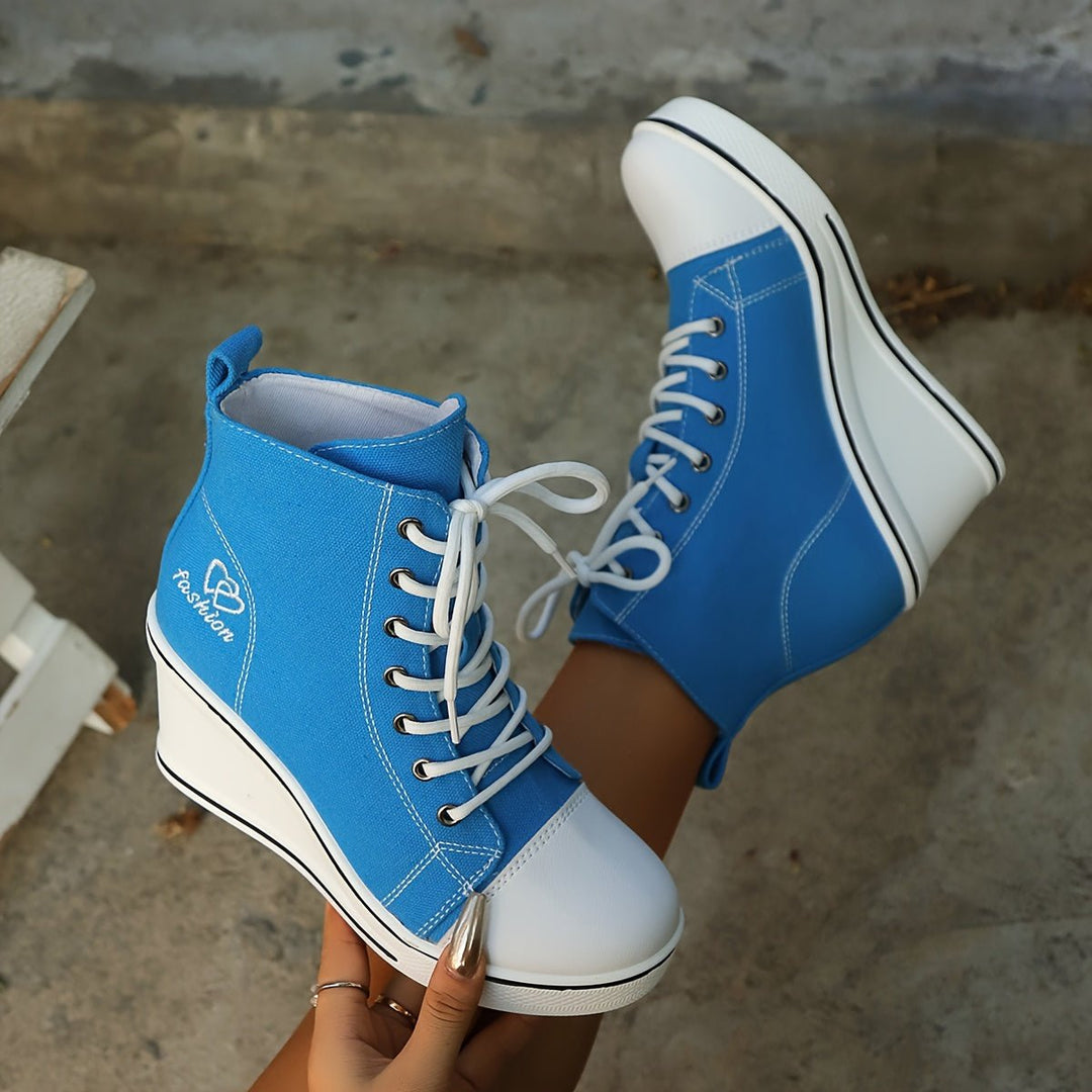 Women's Canvas Lace-Up Wedge Ankle Heeled Boots High-Top Trainers