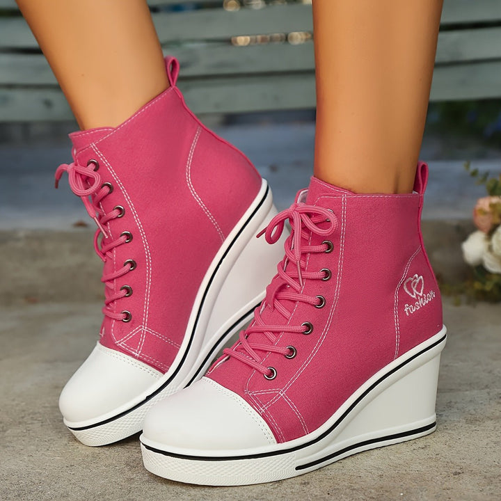 Women's Canvas Lace-Up Wedge Ankle Heeled Boots High-Top Trainers