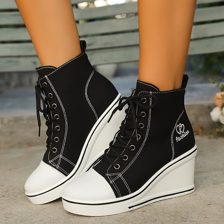 Women's Canvas Lace-Up Wedge Ankle Heeled Boots High-Top Trainers