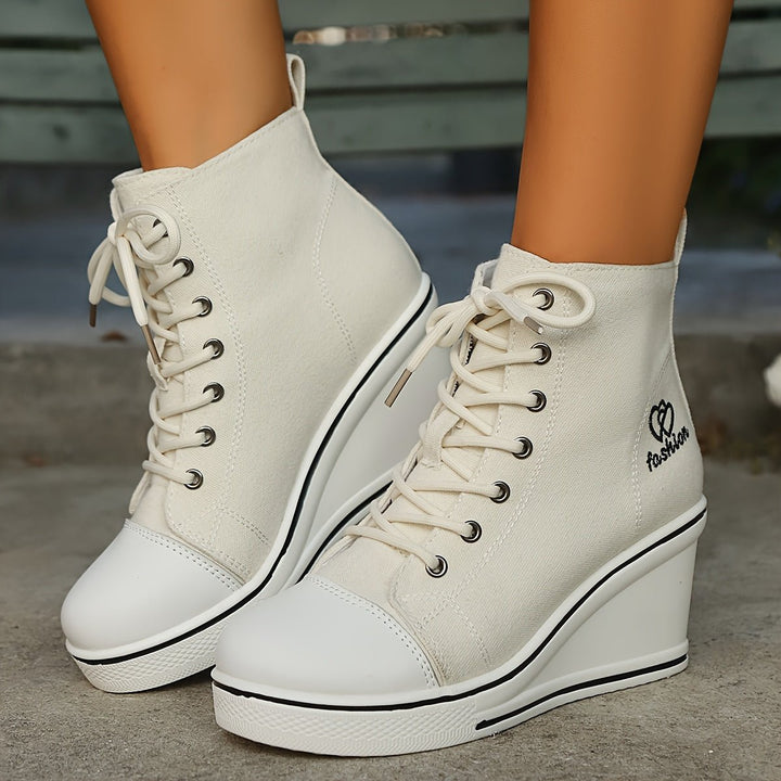 Women's Canvas Lace-Up Wedge Ankle Heeled Boots High-Top Trainers